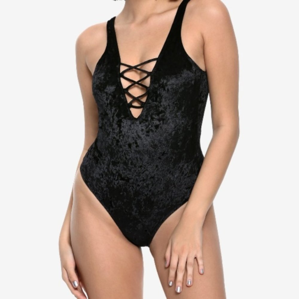 LACE UP SEXY GOTH BLACK VELVET BODYSUIT